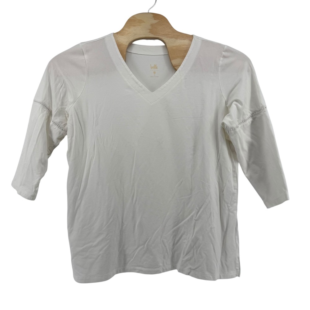 Belle Kim Gravel V Neck 3/4 Sleeve White Top Women's Size XL Cotton Modal Casual